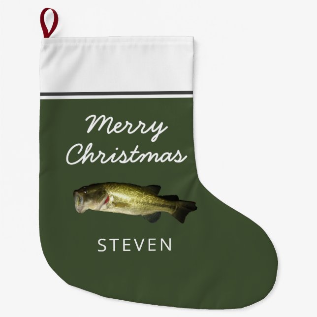 Largemouth Bass Fish Merry Christmas Personalised  Large Christmas Stocking (Front)