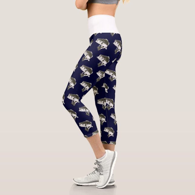 Largemouth Bass Fishing Pattern Blue Capri Leggings (Left)