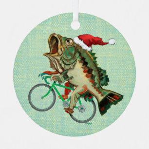 Largemouth Bass Riding a Bicycle With Santa Hat Metal Tree Decoration