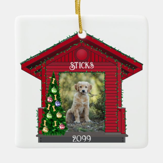 Larger Puppy Rectangular Upload Photo Dog House Ceramic Ornament (Front)