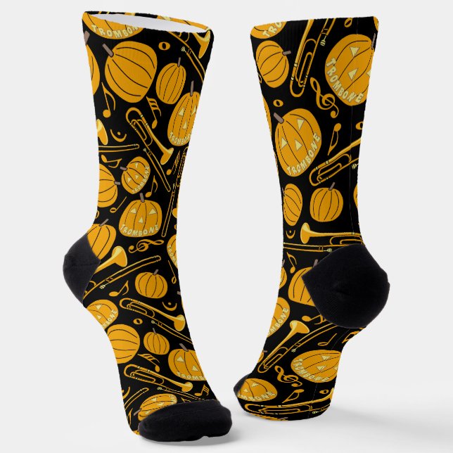 Larger Trombones Halloween Pumpkin Pattern Socks (Angled)