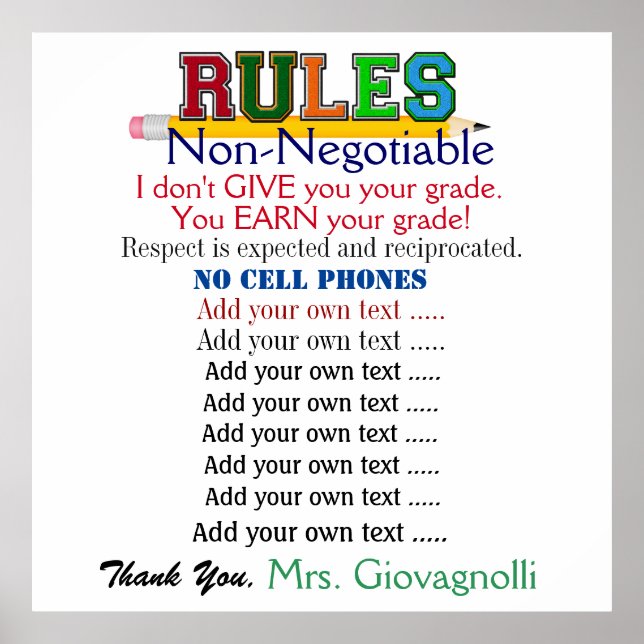 Larger Version #2 Teacher Classroom Rules Poster (Front)
