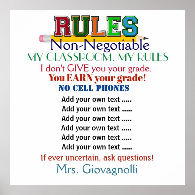 Larger Version 3 Teacher Classroom Rules Poster (Front)
