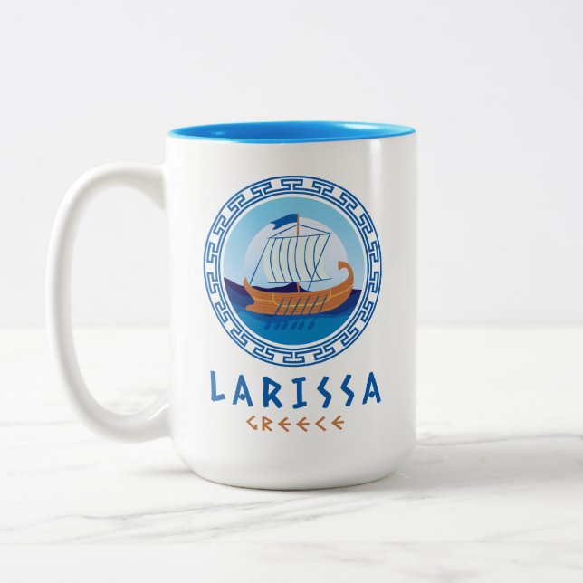 Larissa, Greece Greek Ship Design Two-Tone Coffee Mug (Left)