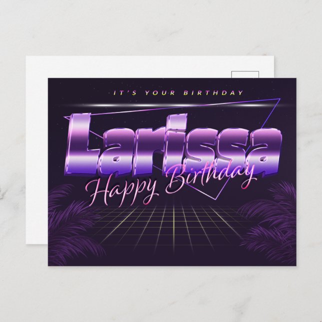 Larissa Name First name purple postcard birthday (Front/Back)
