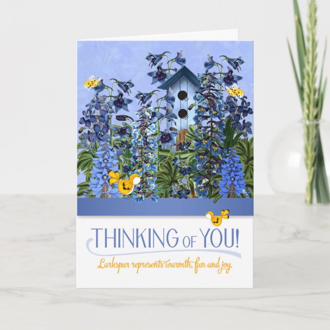Larkspur Flower Garden with Canary Thinking of You Card (Front)