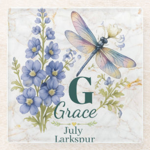 Larkspur July Birth Flower Dragonfly Personalised  Glass Coaster