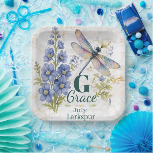 Larkspur July Birth Flower Dragonfly Personalised Paper Plate