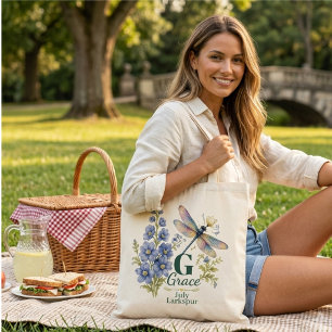 Larkspur July Birth Flower Dragonfly Personalised Tote Bag