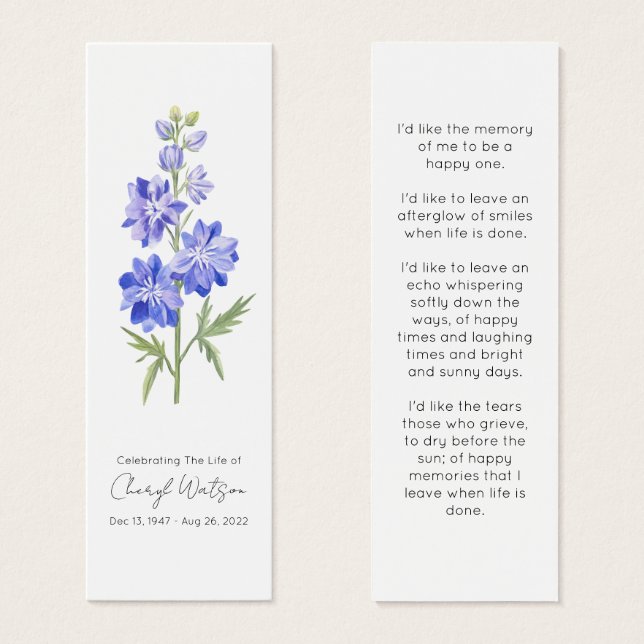 Larkspur | Simple Memorial Mini Bookmark (Front & Back)