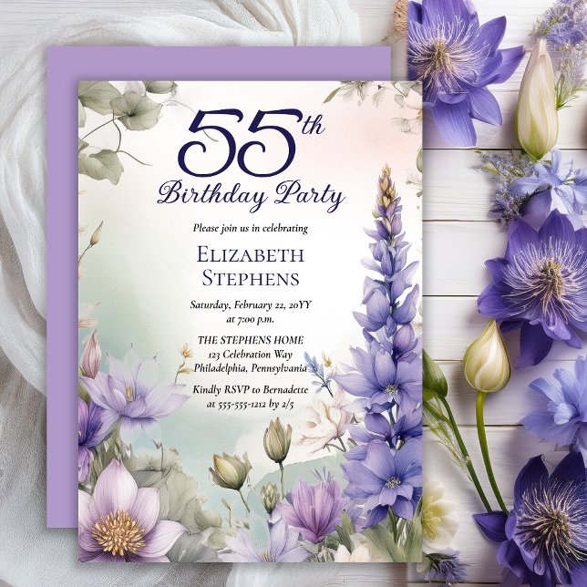 Larkspur | Water Lily Floral 55th Birthday Party Invitation (Elegant Boho Larkspur and Water Lilies Floral 55th Birthday Party Invitation - Print | Digital)