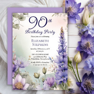 Larkspur   Water Lily Floral 90th Birthday Party Invitation
