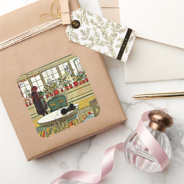 Larsson, Flowers on the Windowsill Square Sticker (Gifting)