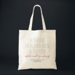 Las Vegas Bachelorette Funny Bride Besties Booze Tote Bag<br><div class="desc">Funny Las Vegas Bachelorette custom tote bag with "A bride, her besties, and booze ... what could go wrong?" funny quote in modern trendy large font with calligraphy script accent and personalised text for the occasion, date, and location in black and white, grey and pink. All colours and fonts are...</div>