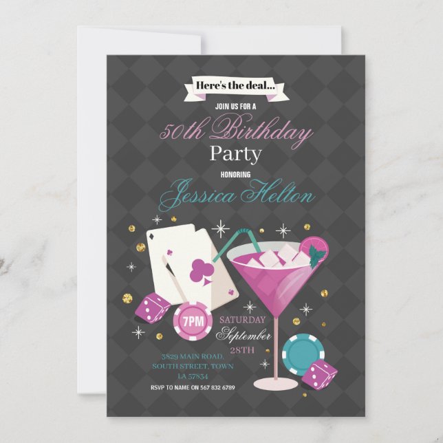 Las Vegas Birthday Casino Dice Chips Martini Party Invitation (Front)