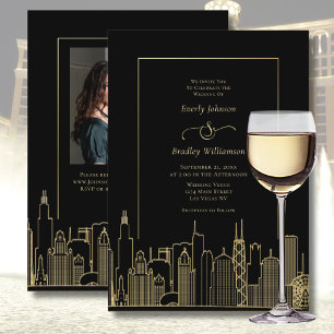 Las Vegas Black Gold Elegant Photo QR Code Wedding Invitation
