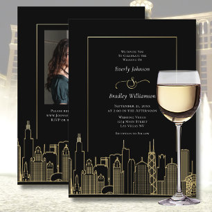 Las Vegas Black Gold White Elegant Photo Wedding Invitation