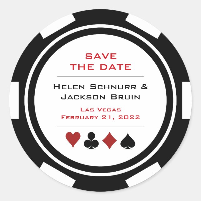 Las Vegas Black White Poker Chip Save The Date Classic Round Sticker (Front)