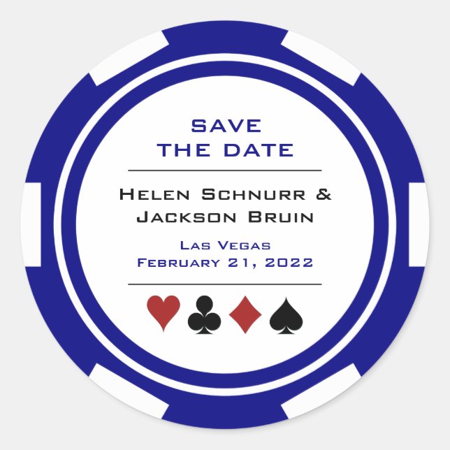 Las Vegas Blue White Poker Chip Save The Date Classic Round Sticker (Front)