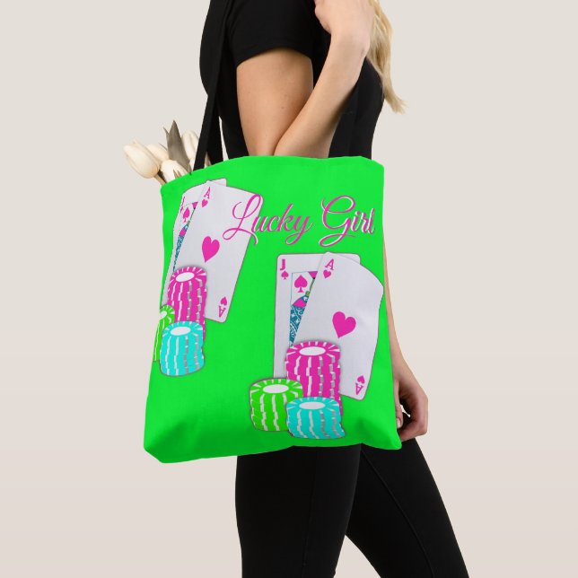 Las Vegas Casino Blackjack And Chips Lucky Girl Tote Bag (Close Up)