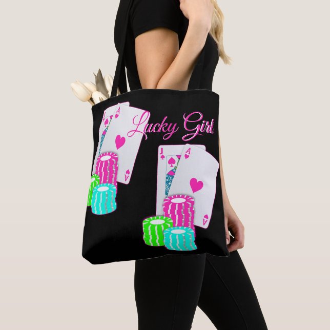 Las Vegas Casino Blackjack And Chips Lucky Girl Tote Bag (Close Up)