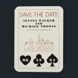 Las Vegas Casino Skyline Wedding Save The Date Magnet<br><div class="desc">A fun and modern wedding Save the Date magnet to excite your guests for your wedding in Las Vegas! This Save the Date features graphite black bold playing card suit graphics, a modern Las Vegas skyline rendering, and fully customisable font and text on ivory cream background. On the back, you...</div>
