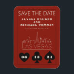Las Vegas Casino Skyline Wedding Save The Date Magnet<br><div class="desc">A fun and modern wedding Save the Date magnet to excite your guests for your wedding in Las Vegas! This Save the Date features graphite black bold playing card suit graphics, a modern Las Vegas skyline rendering, and fully customisable font and text on casino red background. Perfect for a trendy...</div>