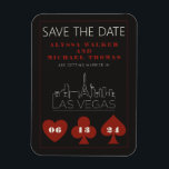 Las Vegas Casino Skyline Wedding Save The Date Magnet<br><div class="desc">A fun and modern wedding Save the Date magnet to excite your guests for your wedding in Las Vegas! This Save the Date features casino red bold playing card suit graphics, a modern Las Vegas skyline rendering, and fully customisable font and text on graphite black background. Perfect for a trendy...</div>