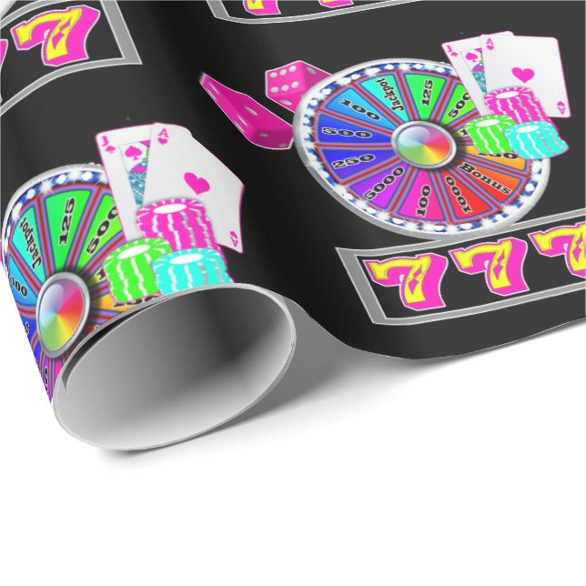 Las Vegas Casino Wheel, Blackjack, Dice Neon Wrapping Paper (Roll Corner)