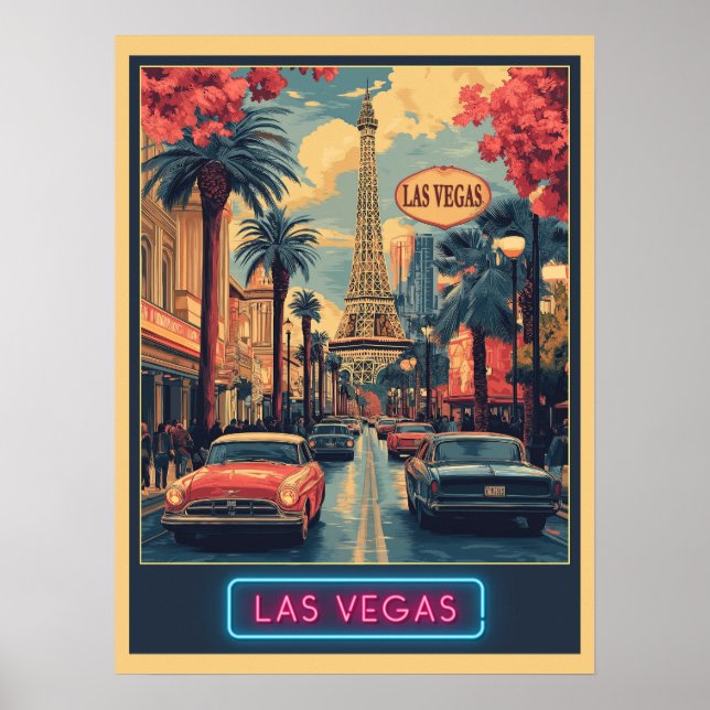 Las Vegas Cityscape with Eiffel Tower - Retro Poster (Front)