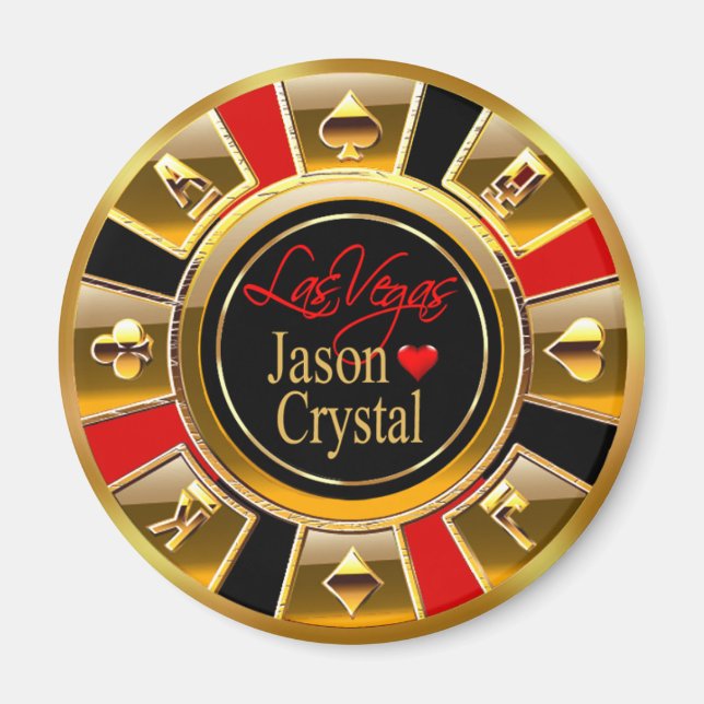 Las Vegas Deluxe Gold & Red Casino Chip Favour Magnet (Front)
