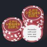Las Vegas Girl  Poker Chips<br><div class="desc">* Crap table background with neon Lights 'Las Vegas Girl' - a real Gamblers Delight ! * Nice as a parting gift, wedding reception gifts or Las Vegas personalised Wedding gift for your wedding crew. * Poker chips have nine colour options. * Change the background colour (black) to a colour...</div>