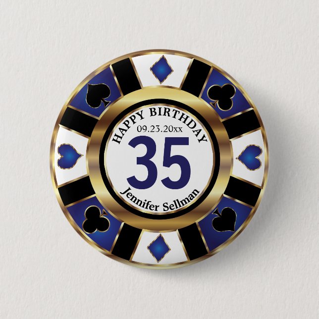 Las Vegas Happy Birthday in  Dark Blue Poker Chip 6 Cm Round Badge (Front)