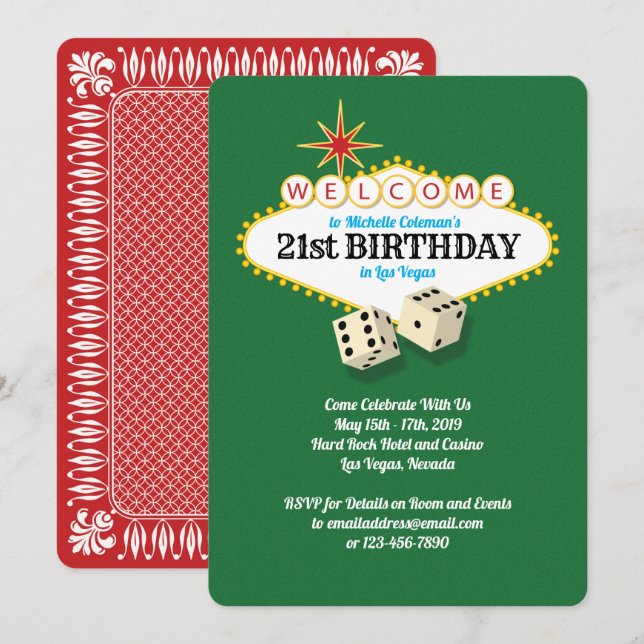 Las Vegas Marquee Birthday Party Green Invitation (Front/Back)