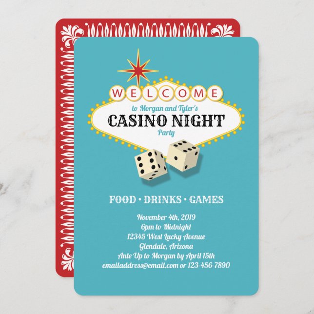 Las Vegas Marquee Casino Night Party Teal Invitation (Front/Back)