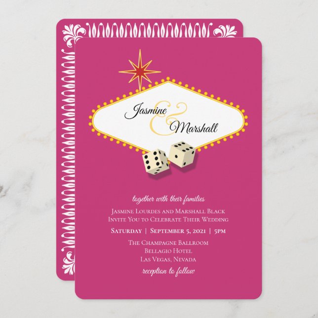 Las Vegas Marquee Wedding in Magenta 2 Invitation (Front/Back)