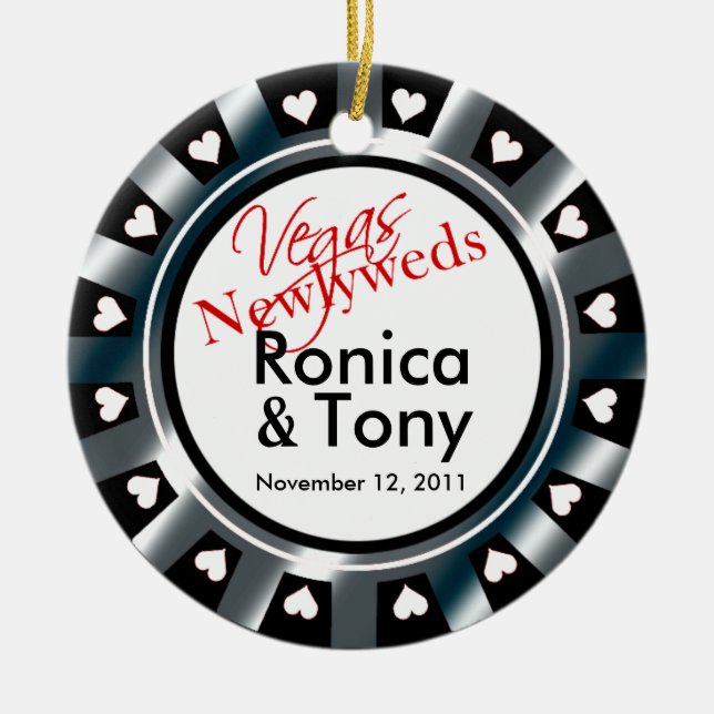 Las Vegas Newlyweds Casino Chip Photo Ceramic Ornament (Front)