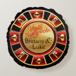 Las Vegas Newlyweds Casino Chip | red black gold Round Cushion<br><div class="desc">A beautiful, fun keepsake for your Las Vegas wedding day! This jazzy throw pillow features an easy-to-personalise casino chip on the front and rolling dice with room for special extra text on the back. A perfect memento gift for the new Mr. & Mrs. Use the CUSTOMIZE IT button to personalise...</div>