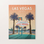 Las Vegas NV Welcome Sign Sunset Vintage Travel Jigsaw Puzzle<br><div class="desc">Retro Las Vegas Nevada vintage travel poster illustration that features a sunset view of the iconic Welcome To Fabulous Las Vegas Nevada sign surrounded by two lush palm trees. A glimpse of the well-known Las Vegas strip can also be viewed in the background. This vintage design will bring back memories...</div>