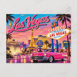 Las Vegas Retro Neon Sunset with Pink Classic Car Holiday Postcard