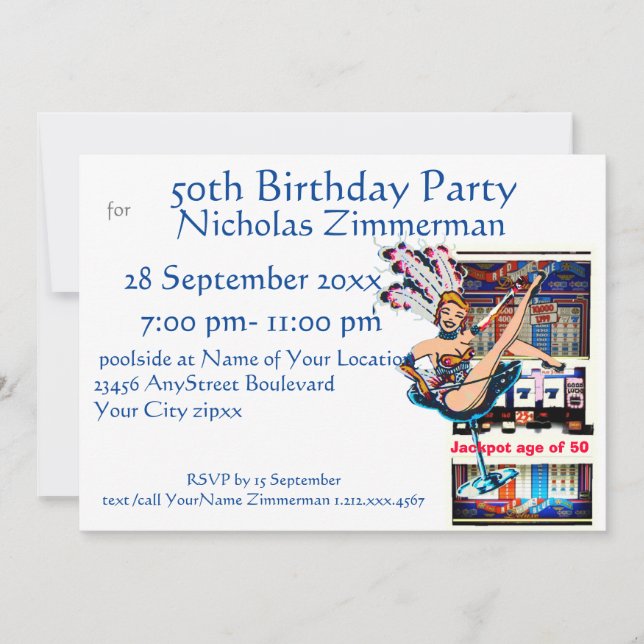 Las Vegas Showgirl and Slot Machine Birthday Invitation (Front)