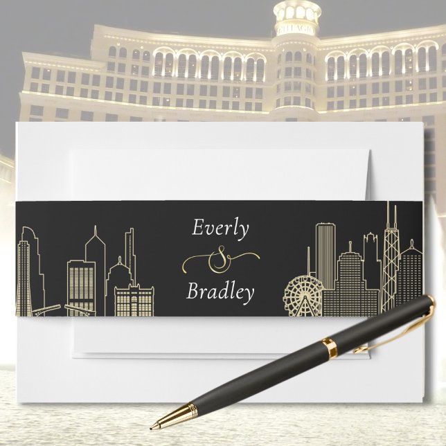 Las Vegas Skyline Black White Gold Chic Wedding   Invitation Belly Band (Creator Uploaded)