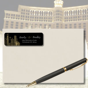 Las Vegas Skyline Black White Gold Elegant Script  Return Address Label
