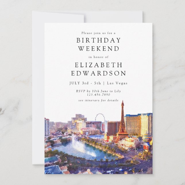 Las Vegas Skyline Watercolor Birthday Weekend Invitation (Front)