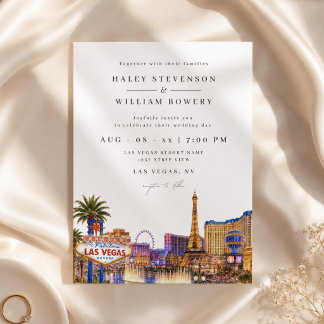 Las Vegas Strip Skyline Chic Watercolor Wedding Invitation