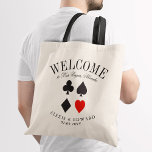 Las Vegas Suit Custom Welcome Tote Bag<br><div class="desc">A unique set of custom tote bags tailored to your Vegas-style destination wedding. It features a welcome text followed by the name of the location or the person receiving the bag. Under this is a black card suit with the heart symbol highlighted in red symbolising love. All elements of this...</div>
