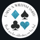 Las Vegas Theme Custom Text Malibu Blue Glitter Classic Round Sticker<br><div class="desc">Faux turquoise blue glitter and black card suits are circled by customisable text making these round stickers perfect for all kinds of projects and occasions. Use them to label favours for wedding guests,  to close envelopes and more.</div>