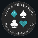 Las Vegas Theme Custom Text Sticker Teal Glitter<br><div class="desc">Faux teal glitter and white card suits are circled by customisable text making these round stickers perfect for all kinds of projects and occasions. Use them to label favours for wedding guests,  to close envelopes and more.</div>