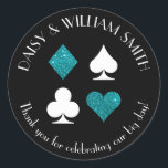 Las Vegas Theme Custom Text Sticker Teal Glitter<br><div class="desc">Faux teal glitter and white card suits are circled by customisable text making these round stickers perfect for all kinds of projects and occasions. Use them to label favours for wedding guests,  to close envelopes and more.</div>