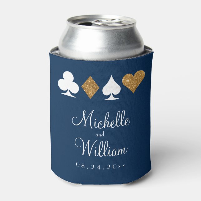 Las Vegas Themed Wedding Can Cooler Gold Navy Blue (Can Front)